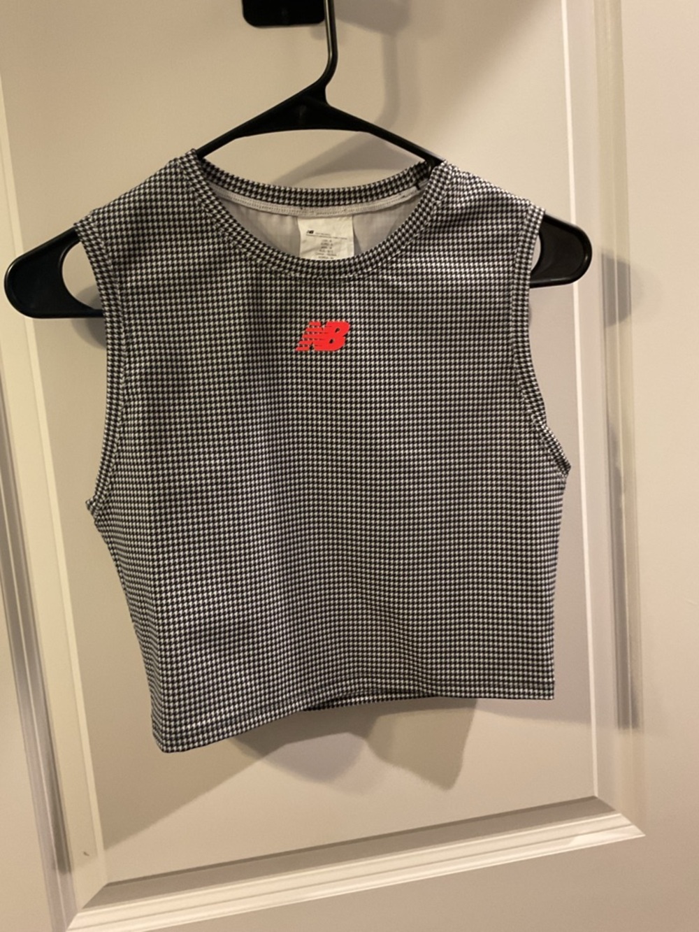 New Balance Black & White Houndstooth Crop Tank with Red Logo